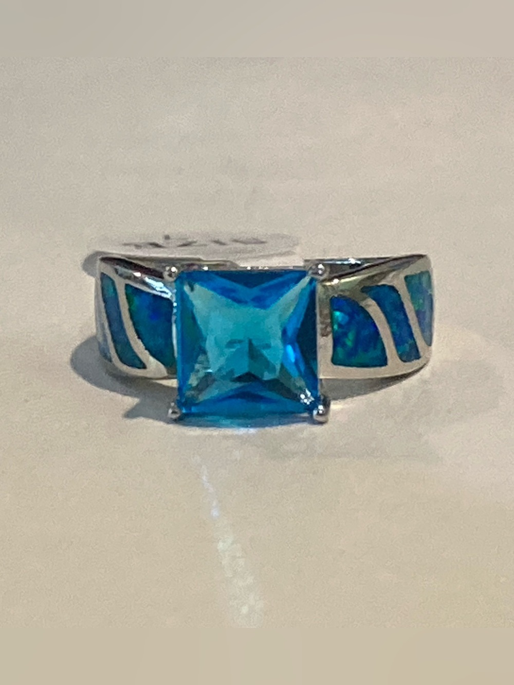 Blue CZ Square-Cut and Blue Opal Ring - Picture 9 of 13